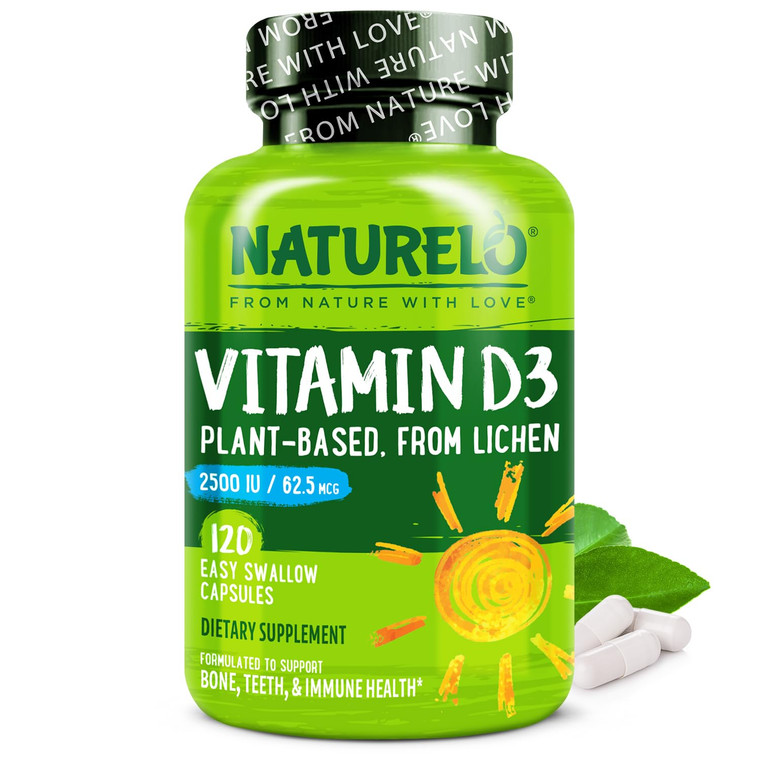 NATURELO Vitamin D - 2500 IU - Plant Based from Lichen - Natural D3 Supplement for Immune System, Bone Support, Joint Health - Vegan - Non-GMO - Glut
