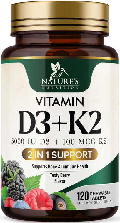 Vitamin D3 K2 Supplement | 5000 IU D3 + K2 100 mcg | MK-7 K2 with Vitamin D | Supports Immune, Heart, Teeth & Bone Health - Nature's Easy to Chew, VI
