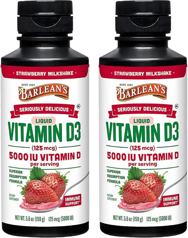 Barlean's Pack of 2 Vitamin D3 Liquid Supplement for Kids and Adults, 5000 IU Vitamin D, Strawberry Milkshake, Non-GMO, Gluten and Dairy Free, 5.6 oz