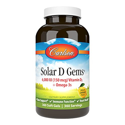 Carlson - Solar D Gems, Vitamin D3 and Omega-3 Supplement, 6000 IU (150 mcg) Vitamin D3, 115 mg Omega-3s EPA and DHA Supplement, Wild Caught, Sustain