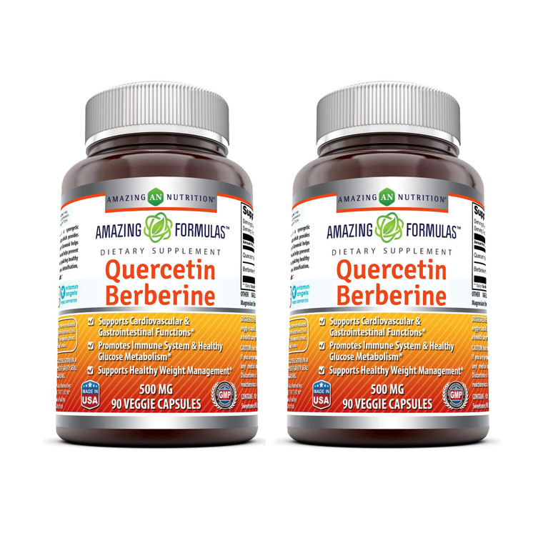 Amazing Formulas Quercetin Berberine | 250 mg Berberine and 250 mg Quercetin | Veggie Capsules Supplement | Non-GMO | Gluten Free | Made in USA (90 |