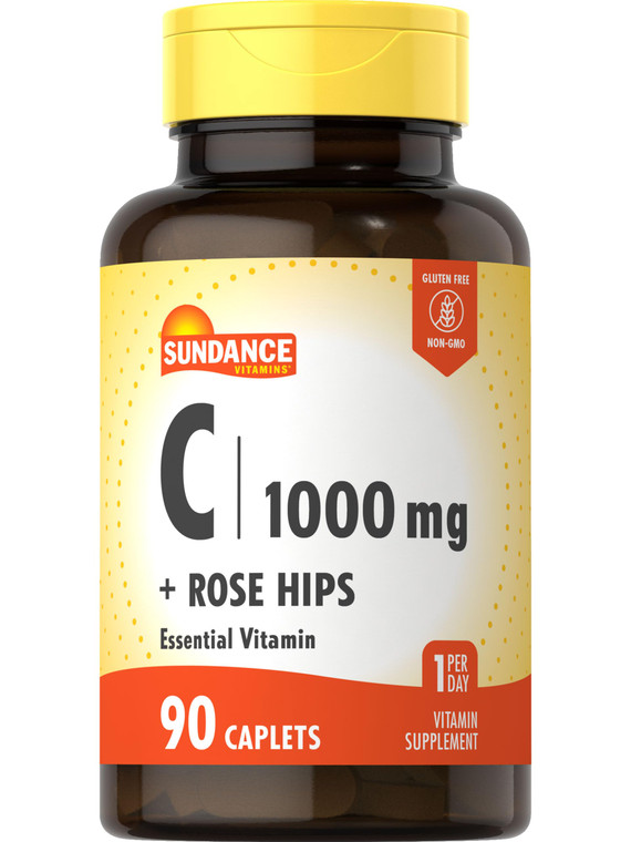 Sundance Vitamin C 1000mg with Rose HIPS | 90 Vegetarian Caplets | Essential Vitamin | Vegetarian, Non-GMO, and Gluten Free Supplement