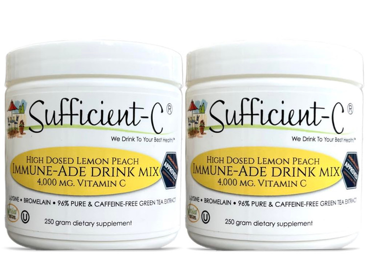 Sufficient-C High Dose Non-GMO Vitamin C - Lemon Peach Immune-Ade Drink Mix 250 Grams - Healthy Hydration Like Never Before (2 Pack)