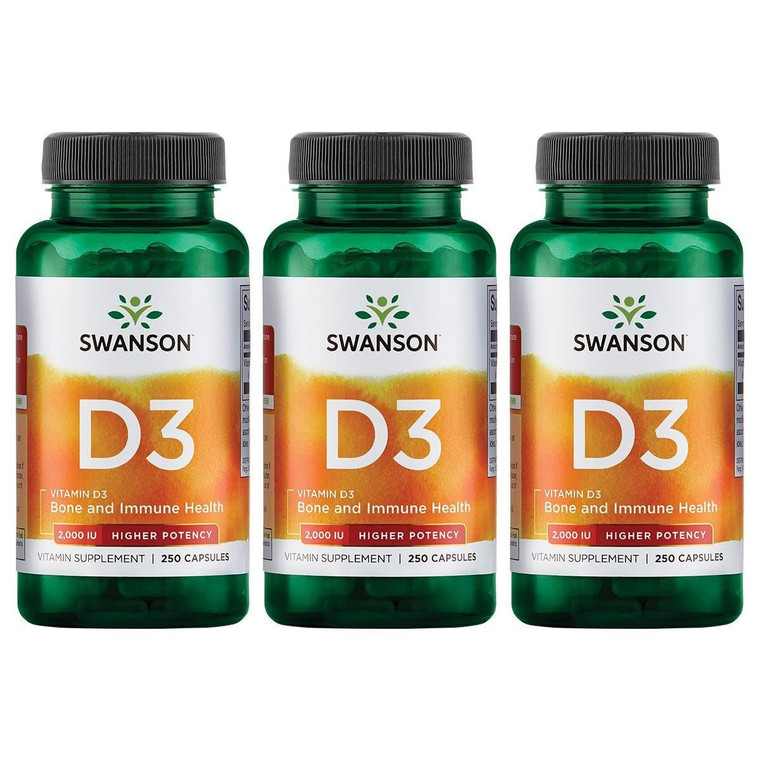 Swanson Higher Potency Vitamin D-3 2000 Iu - Sunshine Vitamin Bone, Immune Support (50 mcg) 250 Capsules (3 Pack)