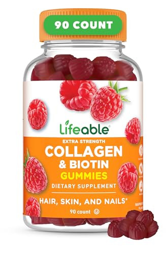Lifeable Collagen Peptides Gummies 100mg | with 10000mcg Biotin | Great Tasting Biotin and Collagen Supplements | for Hair, Skin, and Nails | Collage