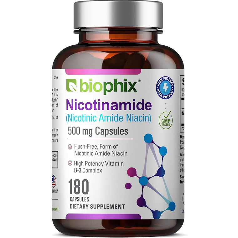 biophix B-3 Nicotinamide 500 mg 180 Caps - Nicotinic Amide Niacin Natural Flush-Free Vitamin Formula - Supports Skin Cell Health