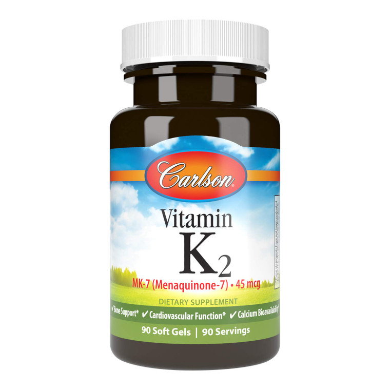 Carlson - Vitamin K2 MK-7 (Menaquinone), 45 mcg, Bone Support, Calcium Bioavailability, K2 Vitamin, Vitamin K-2, 90 Softgels