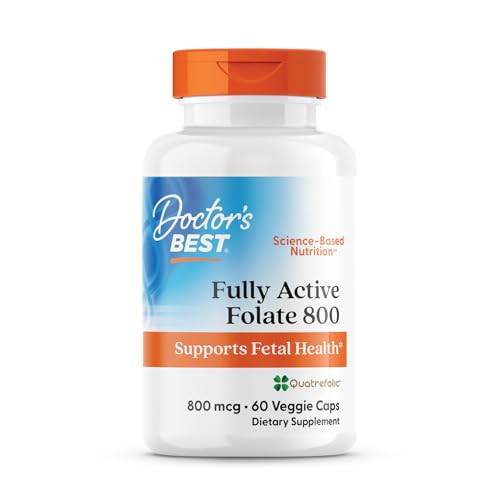 Doctors Best Fully Active Folate 800 with Quatrefolic, Supports Fetal Health, Non-GMO, Gluten Free, Vegan 60 Veggie Caps