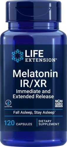 Life Extension Melatonin IR/XR 120 Capsules - Immediate & 7 Hour Extended-Release - Night Time Supplement - Supports Staying Asleep - Non-GMO, Gluten