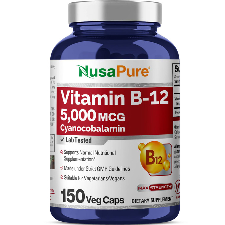 NusaPure Vitamin B12-5000 MCG 150 Veggie Capsules (Non-GMO, Vegan) - Max Strength Vitamin B12