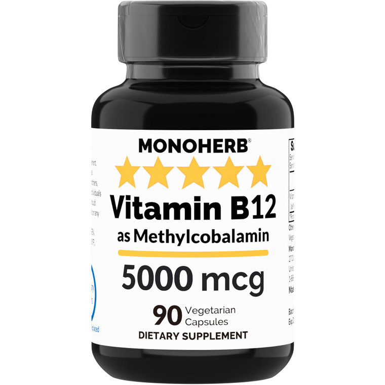 MONOHERB Vitamin B12 Methylcobalamin 5000 mcg - 90 Vegetarian Capsules - B12 Methyl