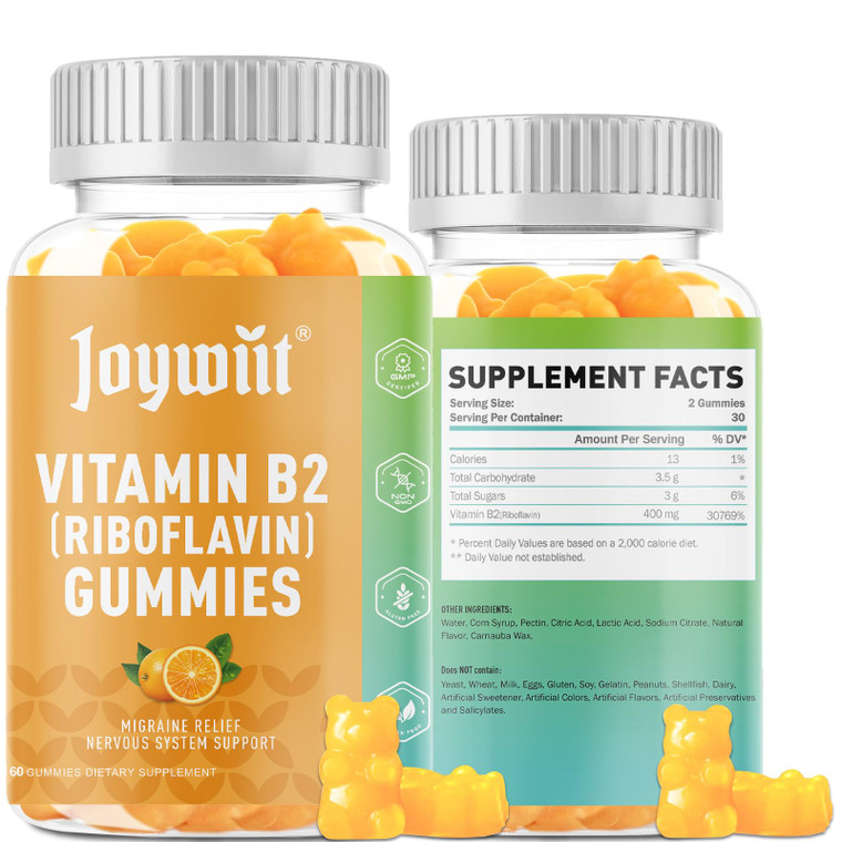 Joywiit Vitamin B2 Gummies | Riboflavin 400mg | B2 Vitamin 400mg Chewable for Adults and Kids, Migraine Relief & Energy and Nervous System Support, N