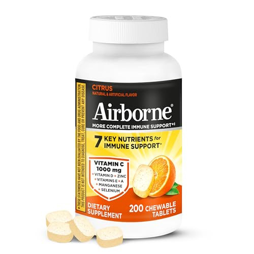 Airborne 1000mg Vitamin C with D and Zinc, Multivitamin Immune Support Supplement with Antioxidants A, C, and E, 200 Chewable Tablets, Citrus Flavor