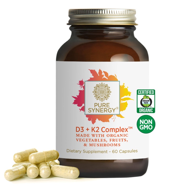 PURE SYNERGY D3 + K2 Complex | Vegan Vitamin D3 K2 Complex | Organic D3 Supplement with Vitamin K2 and K1 Plus Organic Whole Foods | Supports Bone, B