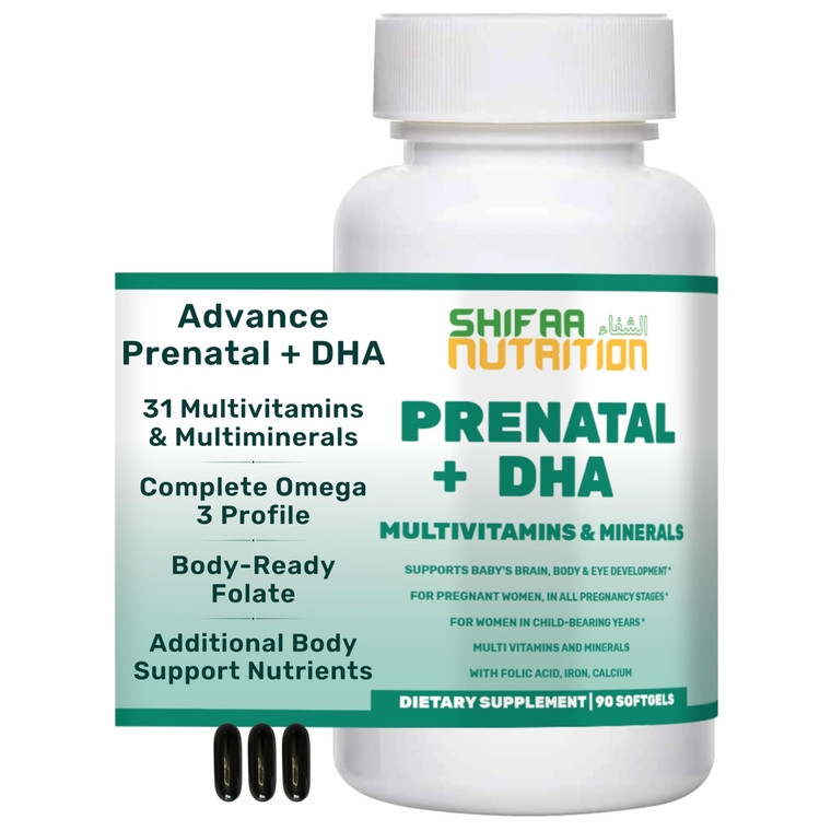 SHIFAA NUTRITION Halal Prenatal Vitamins with DHA and Folic Acid | High Potency 90 Softgels, Keto-Friendly | Vitamin C 120mg, DHA 250mg, Folic Acid 8