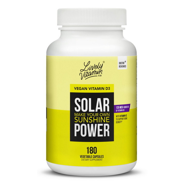 LIVELY VITAMIN CO. Solar Power Vitamin D3 5000 iu - Patented Vitamin K - MK7 - Immune Balance - Brain Function - Mood - Heart - Stress - 180 Count