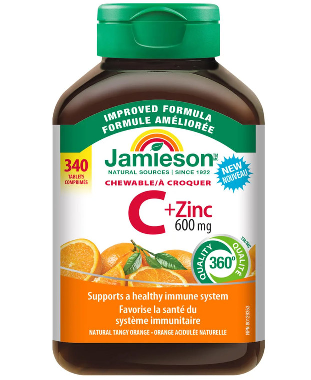 Jamieson Chewable Vitamin C + Zinc 500mg, Natural Tangy Orange, 400 Tablets