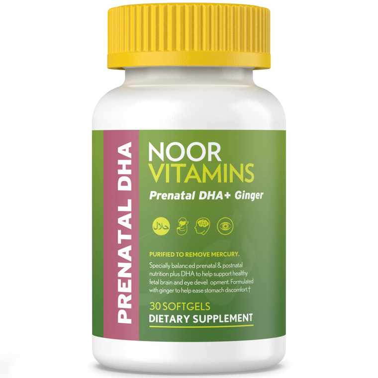 Noor Vitamins Halal Prenatal Vitamins with DHA and Folic Acid, Essential Vitamins, Ginger to Soothe Mom's Stomach, Iron, Softgels, Prenatal Vitamin B