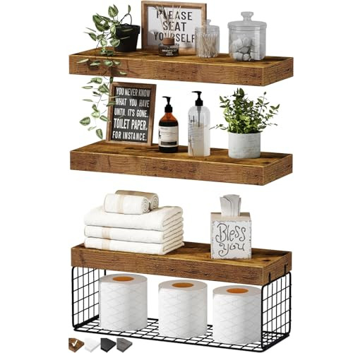 QEEIG Bathroom Shelves Over Toilet - Wall Mounted Floating Shelves Toilet Paper Storage Small Farmhouse Decor Shelf 16 inch Set of 3, Rustic Brown (0
