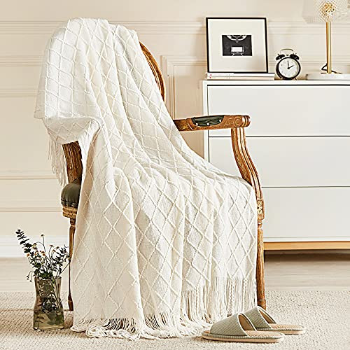 inhand Knitted Throw Blanket for Couch and Bed, Soft Living Room Home Decor Knitted Blanket with Tassel, Outdoor Lightweight Breathable Summer Blanke