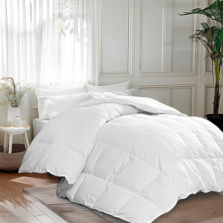 Martha Stewart White Goose King Size Feathers Down Fiber Comforter, 100% Cotton Duvet Insert King, Hotel Luxury Hypoallergenic Comforter 68oz All Sea