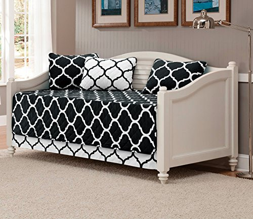 Mk Home 5pc Daybed Set Quilted Bedspread Coverlet New (Geometric Contemporary Pattern Black White)