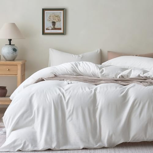 JELLYMONI Cotton Duvet Cover Queen Size - 100% Washed Cotton Linen Like Textured Comforter Cover, 3 Pieces Breathable Soft Bedding Set with Zipper Cl