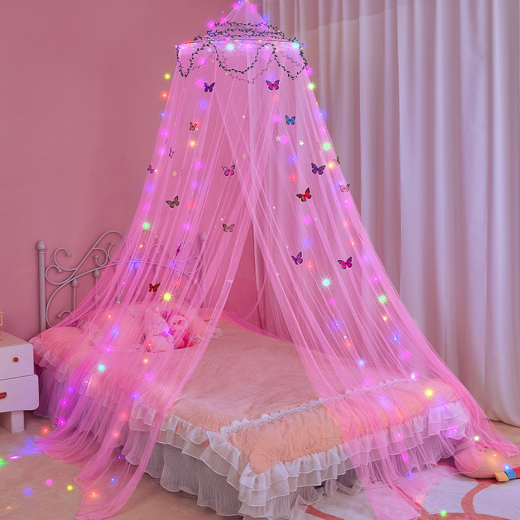 FIOBEE Bed Canopy for Girls Room Bed Canopy Curtains with Led Lights Mosquito Net DIY Princess Room Décor with Stars Butterflies for Kids Bedroom, Ho