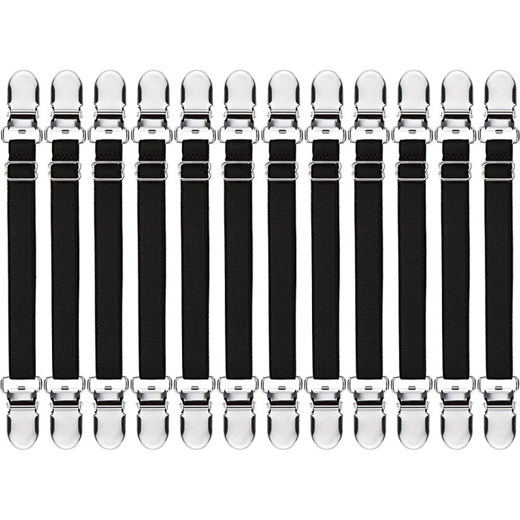 Boao 12 Pcs Bed Sheet Clips Straps Sheet Corner Straps Holder Adjustable Mattress Clips, Elastic Bed Grippers Suspender Fasteners Holder for Home(Bla