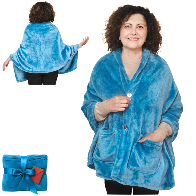Fleece Poncho Blanket -Drape and Go No Sleeves- Lightweight Wrap Shawl - Wearable Blanket - Gift for Grandma and Mom (Royal Sky)