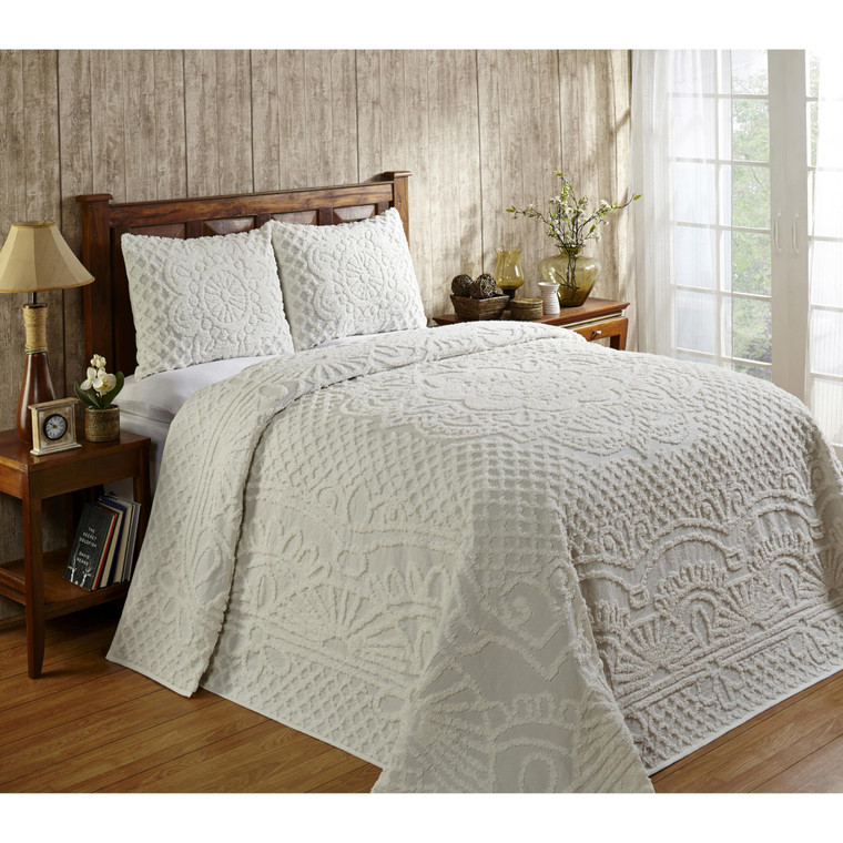 Better Trends Chenille Bedspreads King Size, Soft White 100% Cotton Chenille Medallion Design Tufted Bedding Coverlet Soft Lightweight, 120"x110" wit
