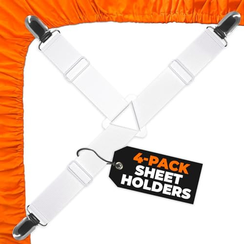 5 STARS UNITED Bed Sheet Straps Set | Easy to Use Adjustable Elastic Fasteners with Metal Clips | Sheet Holders for Corners | Fitted Sheet Clips to H