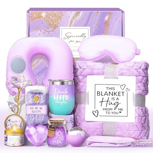 LUCOTIYA Birthday Gifts for Women, Self Care Get Well Soon Gifts, Lavender Relaxing Spa Gift Basket Care Package w/Blanket Unique Valentine Idea for