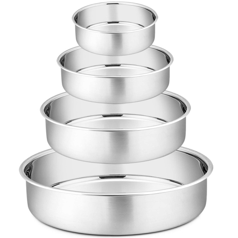 P&P CHEF Cake Pans Sets for Baking, 4" + 6" + 8" + 9.5" 4 Piece Stainless Steel Round Cake Pans Tin, Oven/Pot/Dishwasher Safe, Combination of Differe