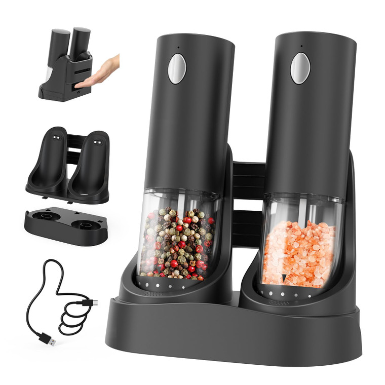 CIRCLE JOY Electric Salt and Pepper Grinder Set Automatic Salt and Pepper Grinder Set with Easy-to-Carry Charging Base and LED Light, USB Rechargeabl