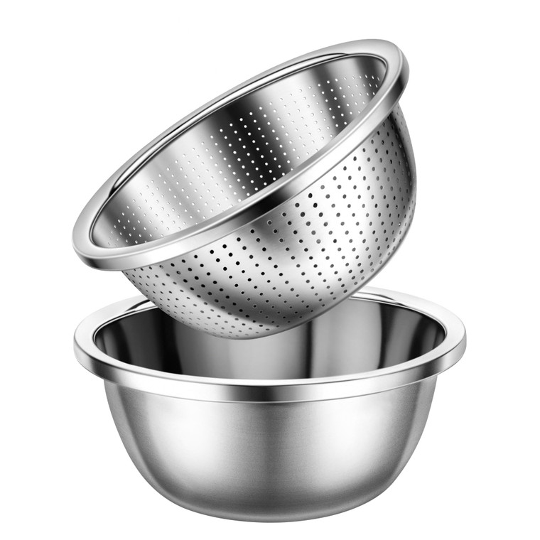 Colander 304 Stainless Steel 3-quart with Mixing Bowls, Strainer for Kitchen Food For washing vegetables, fruit, rice, Dishwasher Safe. (2PC)