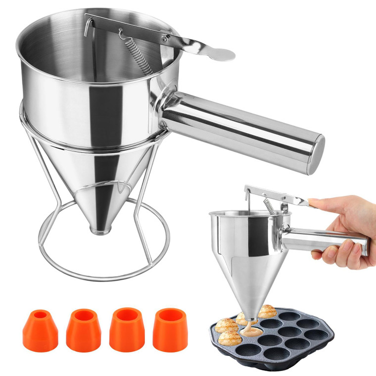 Pancake Batter Dispenser,Stainless Steel Funnel Cake Dispenser with with Squeeze Handle and Stand,Takoyaki Balls Funnel Tool,for Pancakes,Cupcake,Don