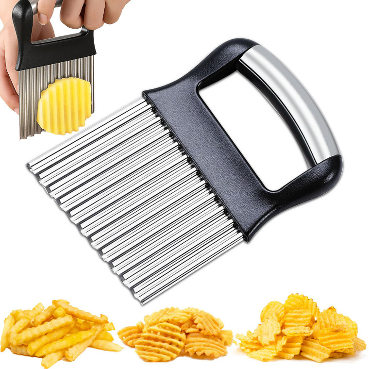 FANTEXY Crinkle Cutter for Veggies, Stainless Steel French Fry Cutter for Potatoes, Cucumbers, Carrots - Wavy Chopper, Waffle Fry Maker