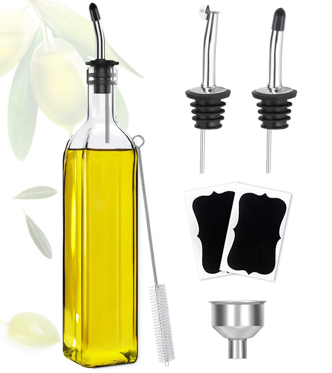 Showvigor Olive Oil Dispenser, 17oz/500ml Square Tall Glass Container With 2 Stainless Steel Pourers, 2 Labels, 1 Brush and 1 Funnel for Kitchen