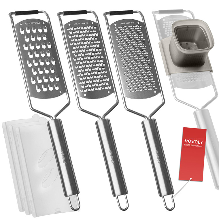 Vovoly 4-Pcs Pro Set Zester Grater Set, Cheese Grater with Razor-Sharp Stainless Steel Blade, Fine/Coarse/Extra Coarse/Slider Attachment