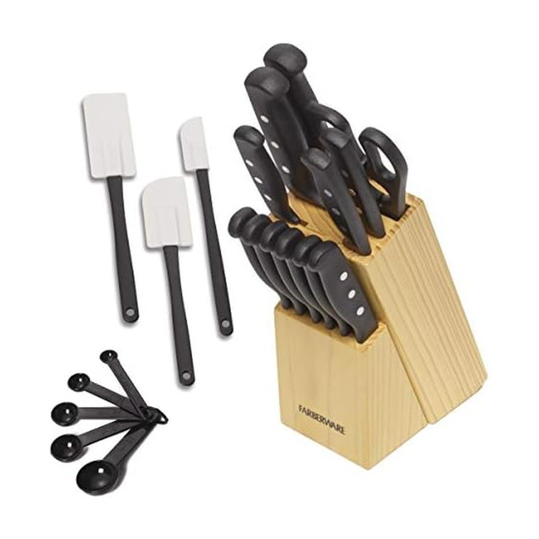 Farberware 22-Piece Never Needs Sharpening Triple Rivet High-Carbon Stainless Steel Knife Block and Kitchen Tool Set, Black, Durable ANDPrecision Cut