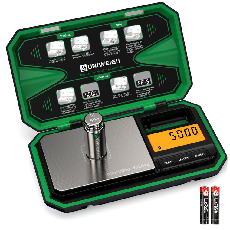 UNIWEIGH Digital Pocket Scale Precision 200g/0.01g, Digital Scale Grams Ounces, Mini Jewelry Scale, Coins Scale with 50g Cal Weights for Gold/Silver/