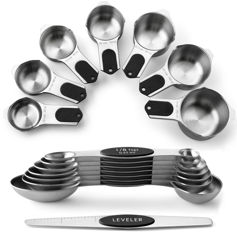 Spring Chef Magnetic Measuring Cups & Spoons Set, Patented, Strong N45 Magnets, Heavy Duty Stainless Steel Fits in Spice Jars for Baking & Cooking, B