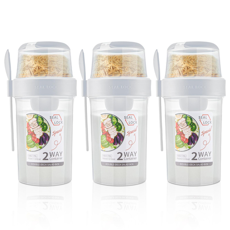 Mumufy 3 Pcs Salad Shaker Cup with Lids and Fork Fresh Salad Shaker Container for Lunch, Portable Breakfast Meal Vegetable and Fruits (White)