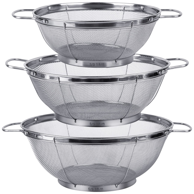 3 Pack 18/8 Stainless Steel Colander Sieves(5-Quart, 4-Quart and 3-Quart), Mesh Strainer Net Baskets with Handles & Resting Base for Strain, Drain, R