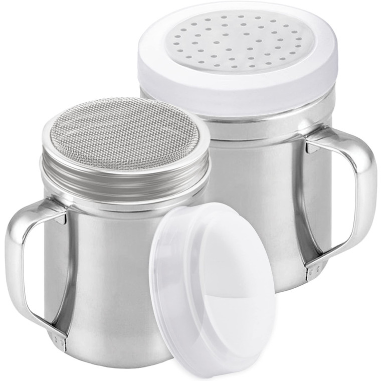 CUSINIUM 6oz Fine Mesh + 10oz Medium Holes Dredges - With Lids - With Handles - Flour Shaker Duster Set - Confection Sugar Shakers