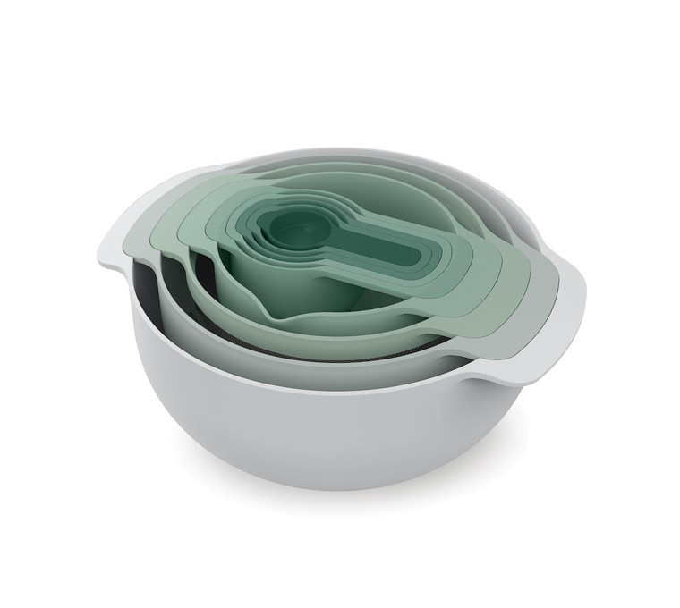 Joseph Joseph Nest 9 Plus, 9 Piece Compact Food Preparation Set with Mixing Bowls, Measuring cups, Sieve and Colander, Editions Range, Sage Green