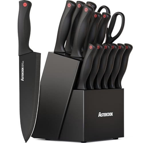 Knife Set, Astercook 15 Pieces Knife Sets for Kitchen with Block, Dishwasher Safe Kitchen Knife Set with Built in Sharpener Block, German Stainless S