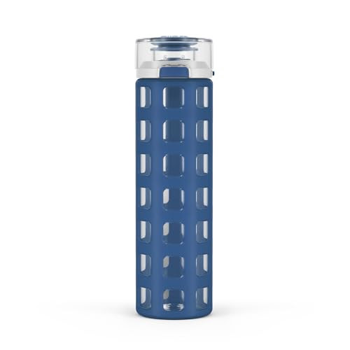 Ello Syndicate 20oz Reusable Glass Water Bottle with One-Touch Leak Proof Flip Lid and Protective Non-Slip Silicone Sleeve and Carry Loop for Coffee,