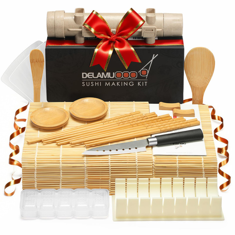 Delamu Sushi Making Kit, 20 in 1 Bazooka Roller Kit with Chefs Knife, Bamboo Mats, Rice Mold, Temaki Sushi Mats, Rice Paddle, Spreader, Chopsticks,